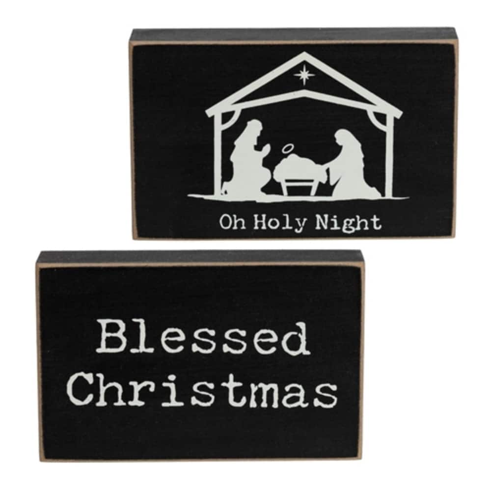 Oh Holy Night Nativity Wooden Blocks Black Rustic Christmas Decor - 2 Asstd - 2.5” high by 3.75” wide by .75” deep