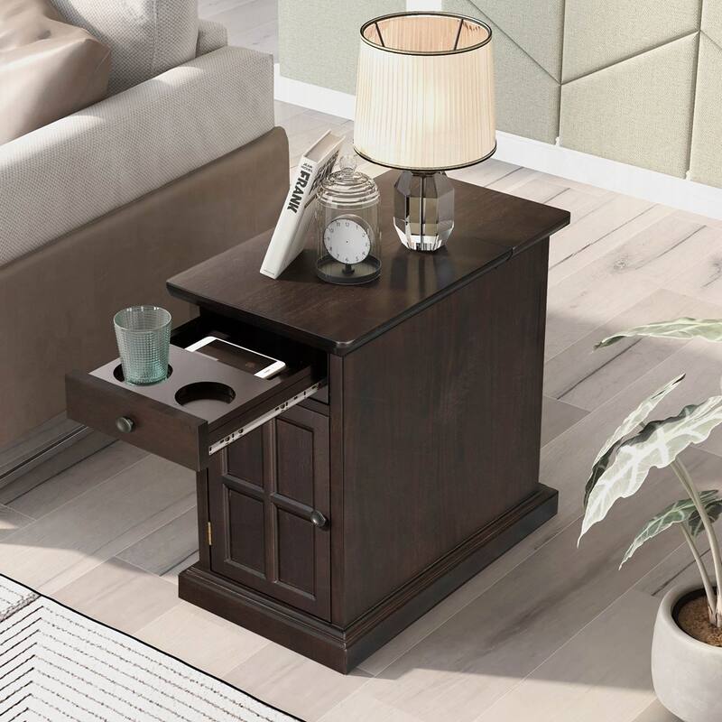 End Table Side Table with USB Ports and One Multifunctional Drawer with cup holders - Antique Espresso