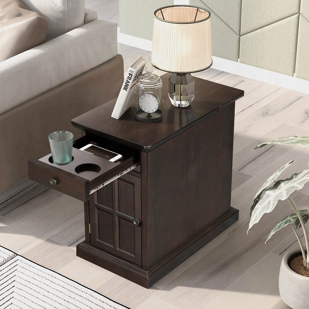 End Table Side Table with USB Ports and One Multifunctional Drawer with cup holders
