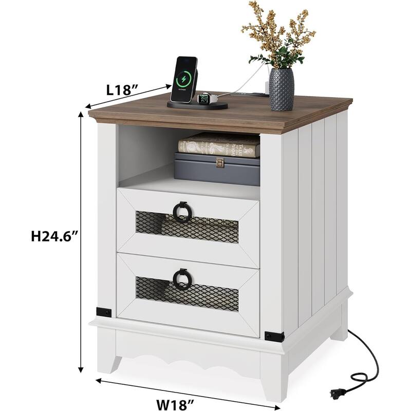 End Table Side Table with Charging Station and 2 Drawers