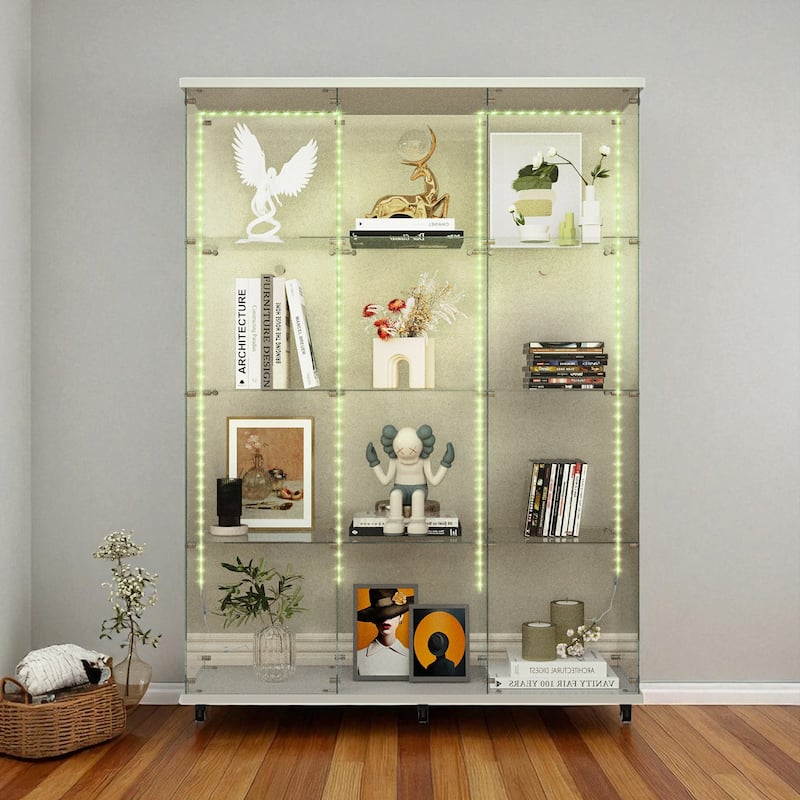 65" Tempered Glass Display Cabinet with Bluetooth LED Lights, Lockable Doors, Casters, 5-Shelf Storage Showcase - White