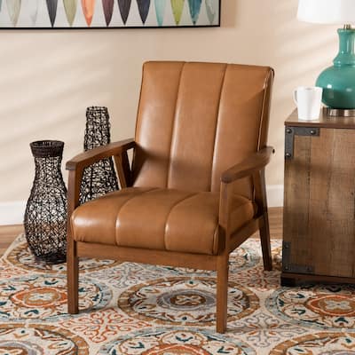 Nikko Tan Faux Leather and Walnut Brown finished Wood Lounge Chair