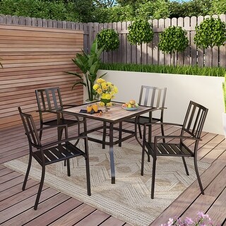 5-piece Faux Wood Table and Metal Stackable Chairs Patio Set - 5-Pieces Sets