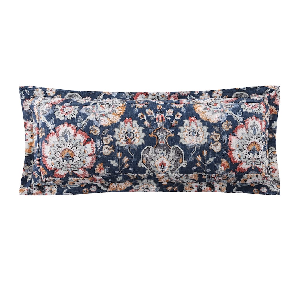 HiEnd Accents Derby Sapphire Vintage Floral Bedding Washed Linen Lumbar Pillow, 14" x 36"