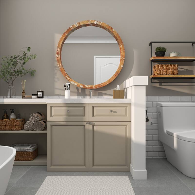 Wood Room Wall Mirror with Cream Distressing - Brown - Roche River Decor