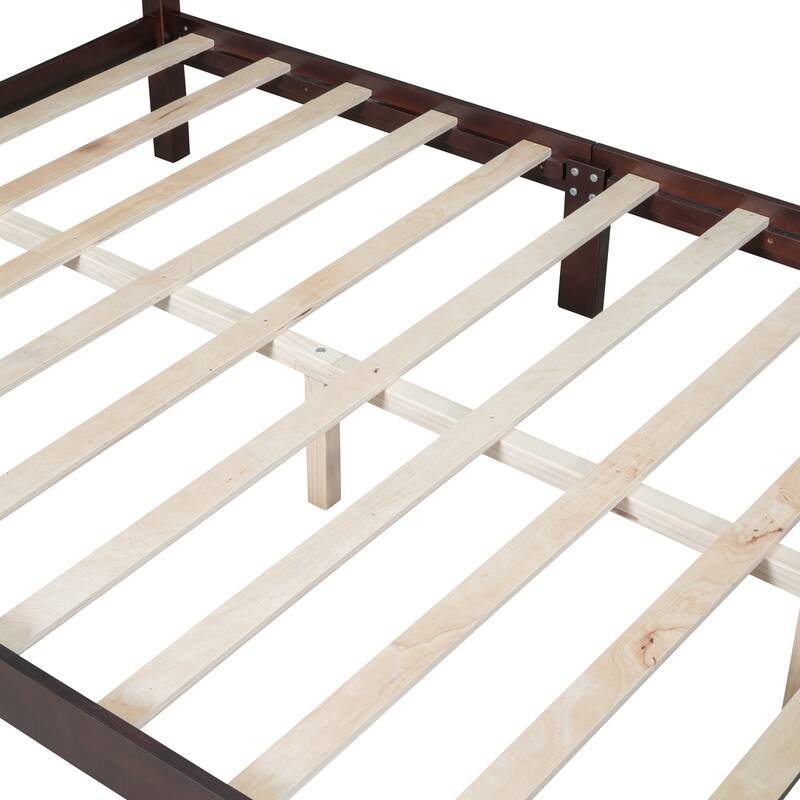 Queen Size Wood Platform Bed Frame, Retro Style Platform Bed with Wooden Slat Support, Dark Walnut