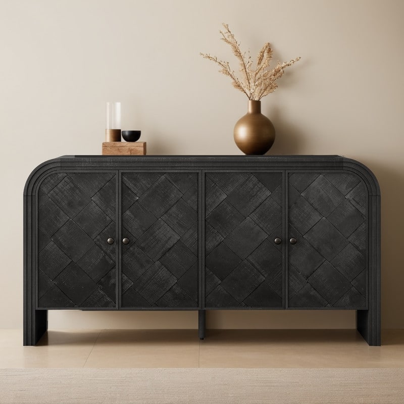 Luxury Multi-Functional MDF Sideboard- woven Wood Slat Doors, Tiered Stepped Design & Premium Solid Wood Veneer - Black
