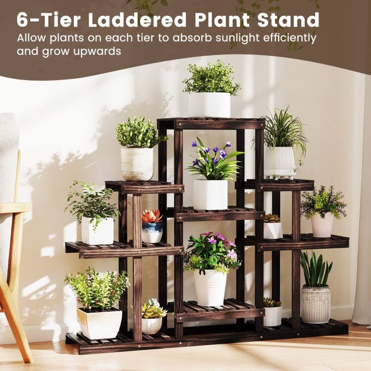Brown Pine Wood 6-Tier Plant Stand with 9 Shelves for Indoor and Outdoor - 47" x 10" x 38"