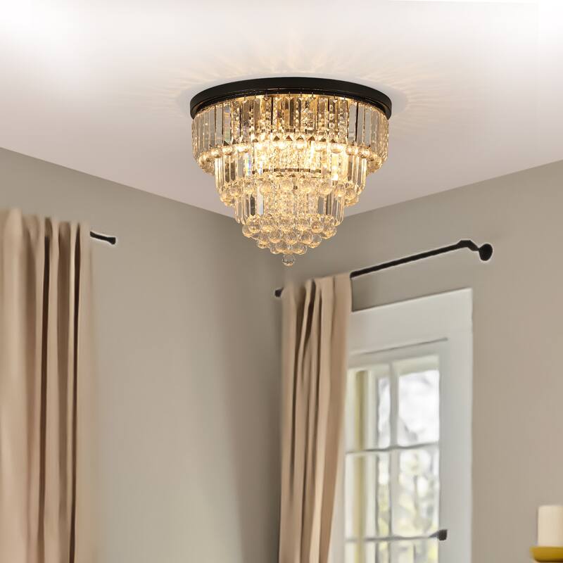 Modern Crystal Pendant Lighting,Round Crystal Chandelier Contemporary Luxury Pendant Ceiling Lighting Fixture for Living Room - Black