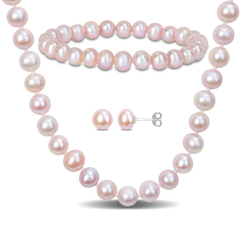 Miadora Pink Cultured Freshwater Pearl Strand Jewelry Set Sterling Silver
