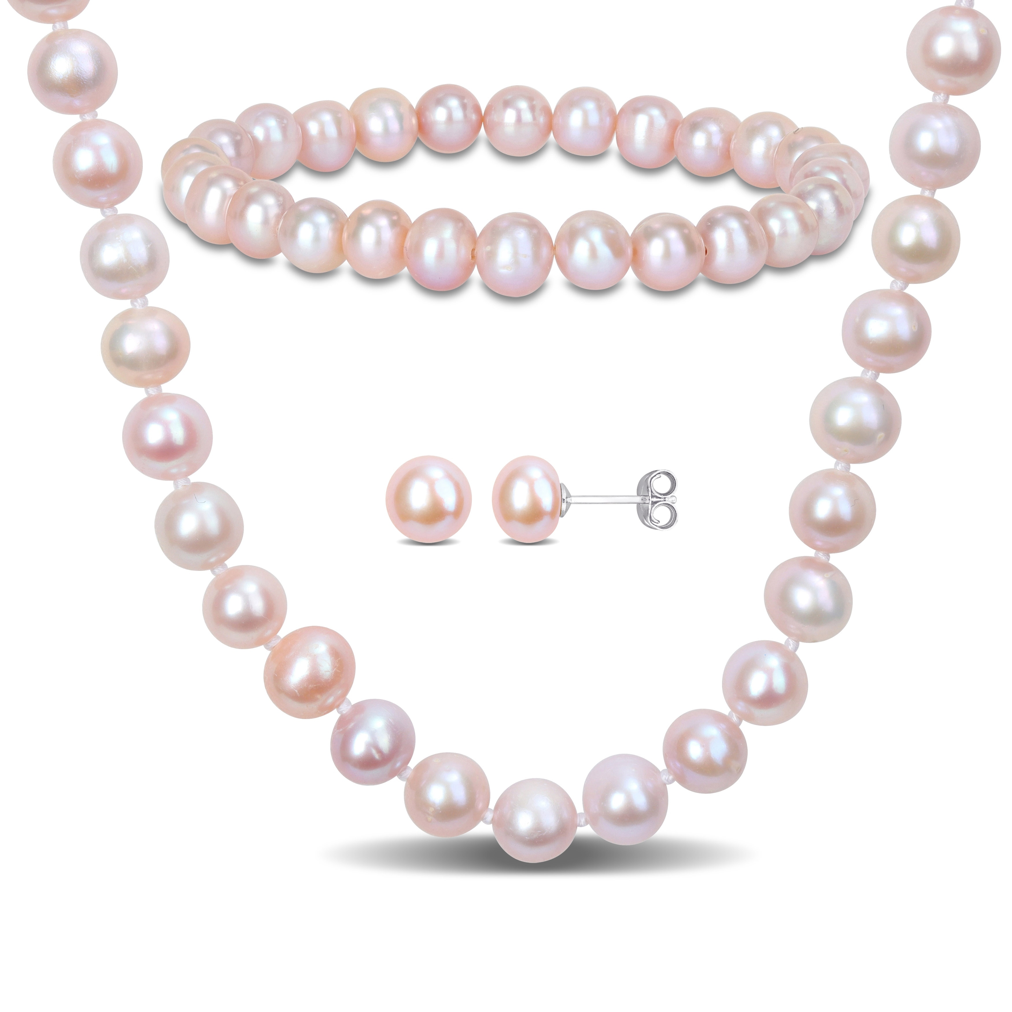 Miadora Pink Cultured Freshwater Pearl Strand Jewelry Set Sterling Silver