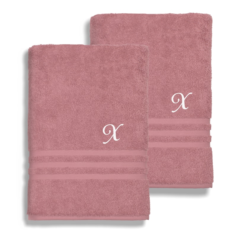 Authentic Hotel and Spa Omni Turkish Cotton Terry Set of 2 Tea Rose Bath Towels with White Script Monogrammed Initial - X