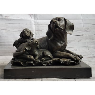 Mother Imitative Dog And 2 Puppies Bronze Sculpture Statue Pet Decor Signed Art Marble Base