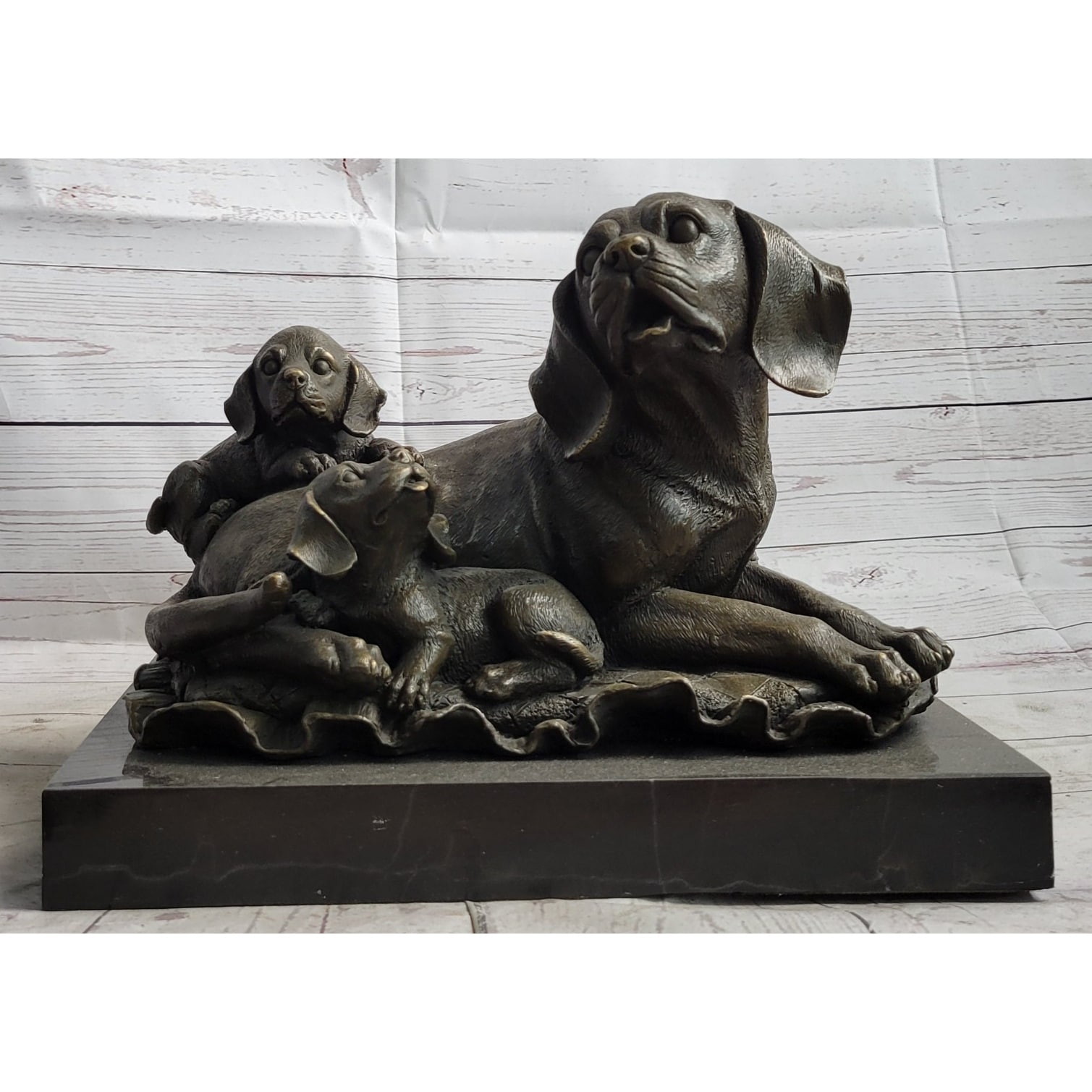 Mother Dog And 2 Puppies Bronze Sculpture Statue Pet Decor Signed Art Marble Base