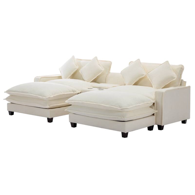111" Chenille Sectional Sofa with 2 Ottomans, USB Ports and Storage - 4-Seater and Pocket Spring Cushions Cup Holders