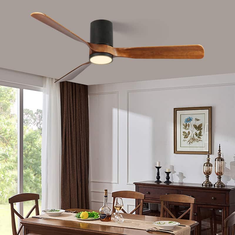 60 in. LED Indoor/Outdoor Flush Mount Matte Black Ceiling Fan with Wood Blades, 6-Speed DC Remote Control