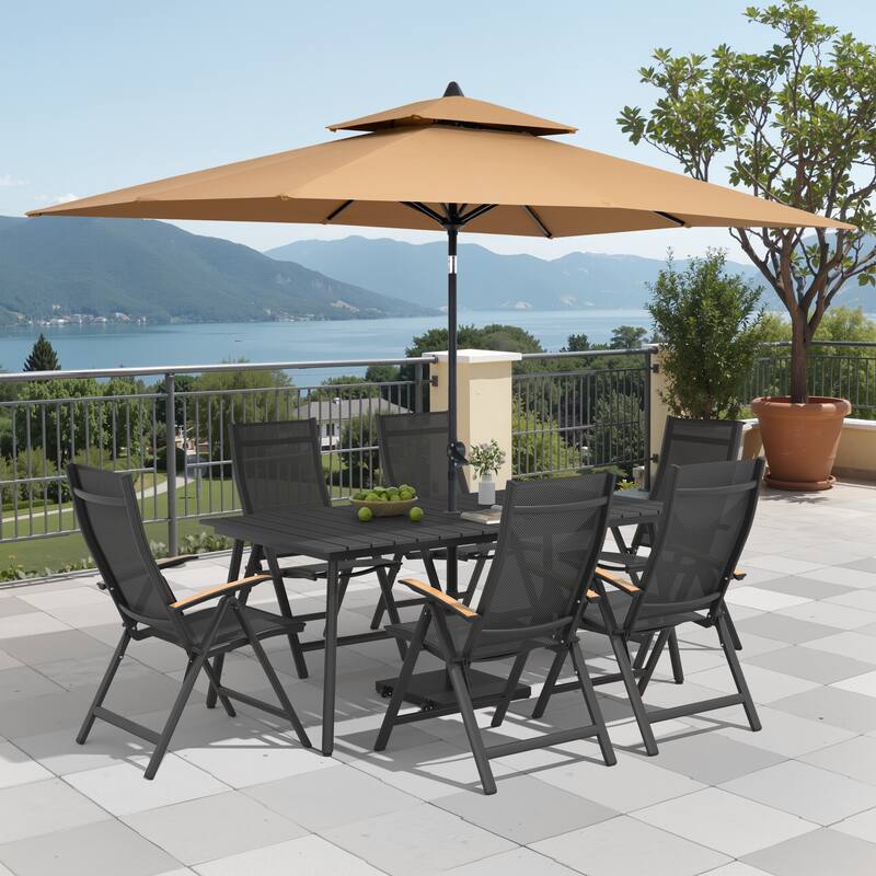 9/11-Piece Outdoor Patio Dining Set Aluminum Dining Table and Folding Chairs w/10 ft Umbrella and Base - Set of 9 - Brown Table with Tan Umbrella