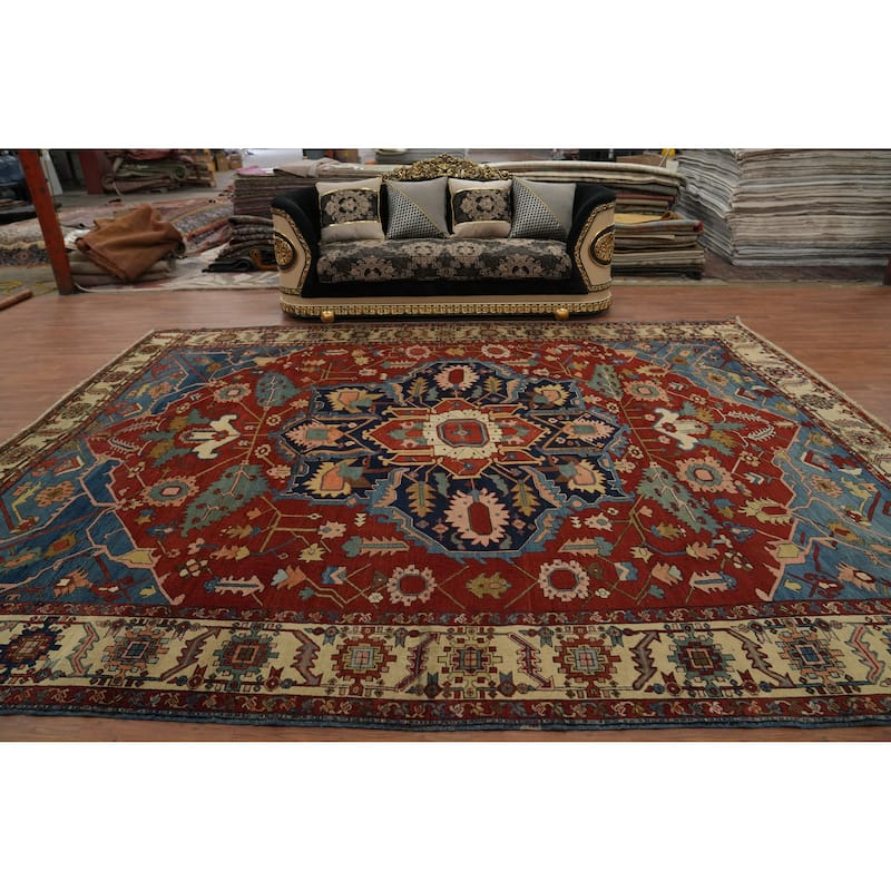 Hand Knotted Oriental 100% Wool Carpet Traditional Medallion Oranges & Rust Heriz (serapi) Area Rug - 14' 1'' X 11' 3''