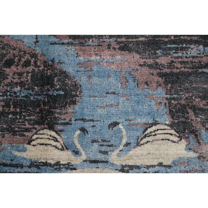 Hand Knotted Oriental Viscose Silk Carpet Modern Pictorial Navy Blue & Blues Abstract Area Rug - 6' 4'' X 4' 8''