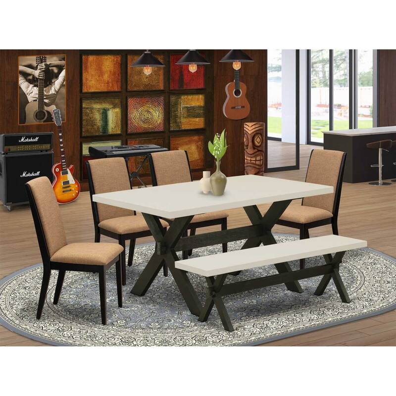 HomeStock 6-Piece Rectangle Natural Oak Finish Solid Wood Top Dining Table with 1-Bench, 4-Chairs