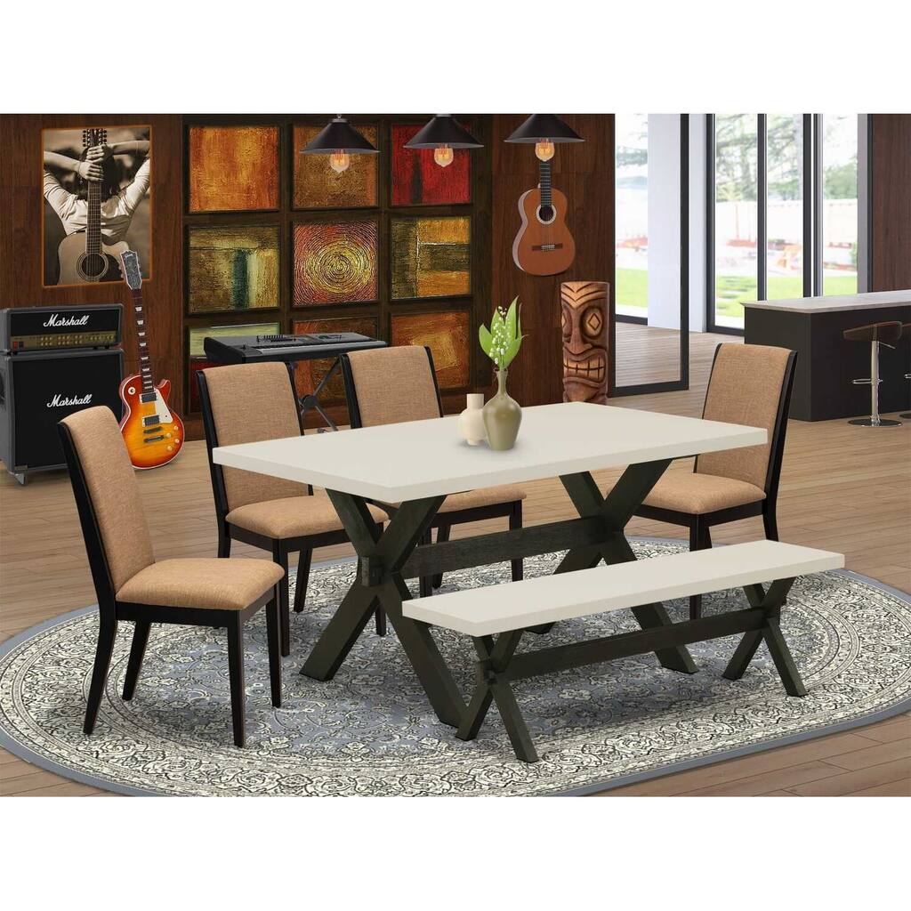 HomeStock 6-Piece Rectangle Natural Oak Finish Solid Wood Top Dining Table with 1-Bench, 4-Chairs