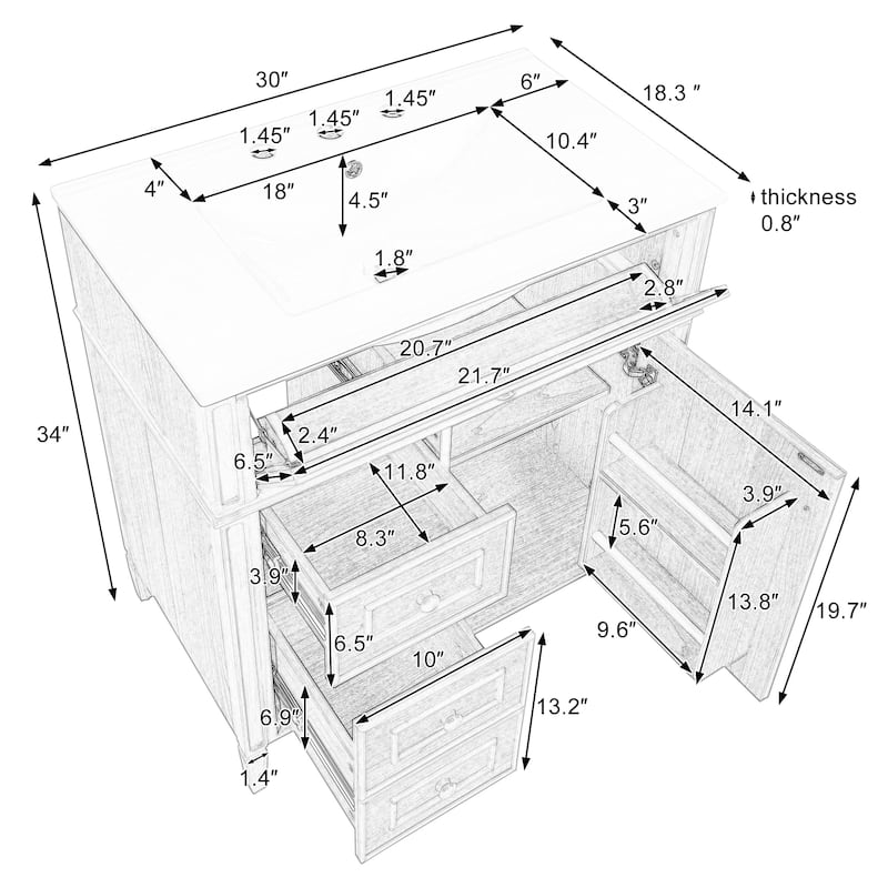 30" Bathroom Vanity with Ceramic Sink, Solid Pine Wood Frame Freestanding Vanity - 30inches