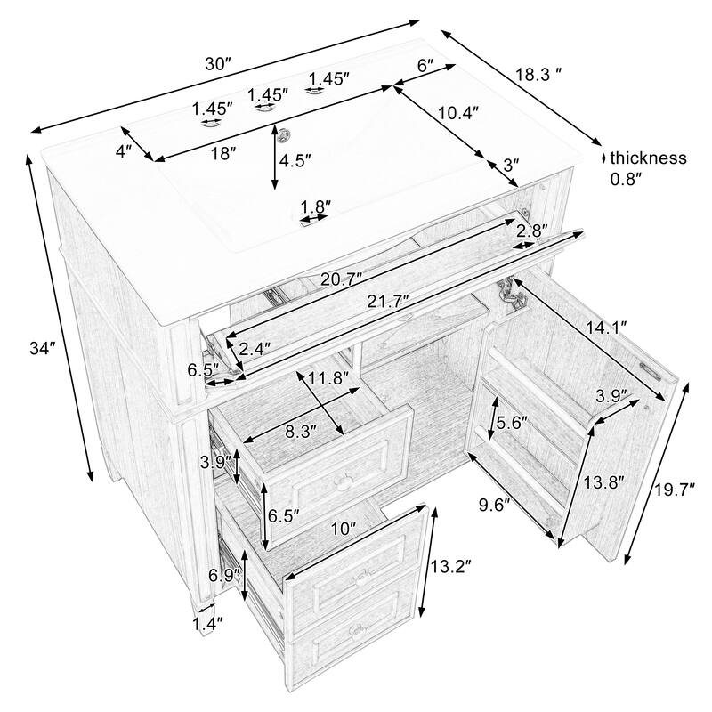 Roomfitters 30" Bathroom Vanity with Sink, Solid Wood Frame, Flip-Out Drawer, 2 Soft-Close Drawers & Door