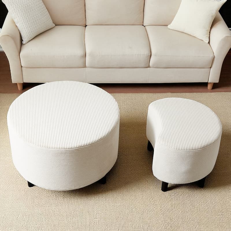 Set of 2 Round Nesting Coffee Tables, Upholstered Corduroy Ottoman Accent Tables, Modern Foam Design, No Assembly