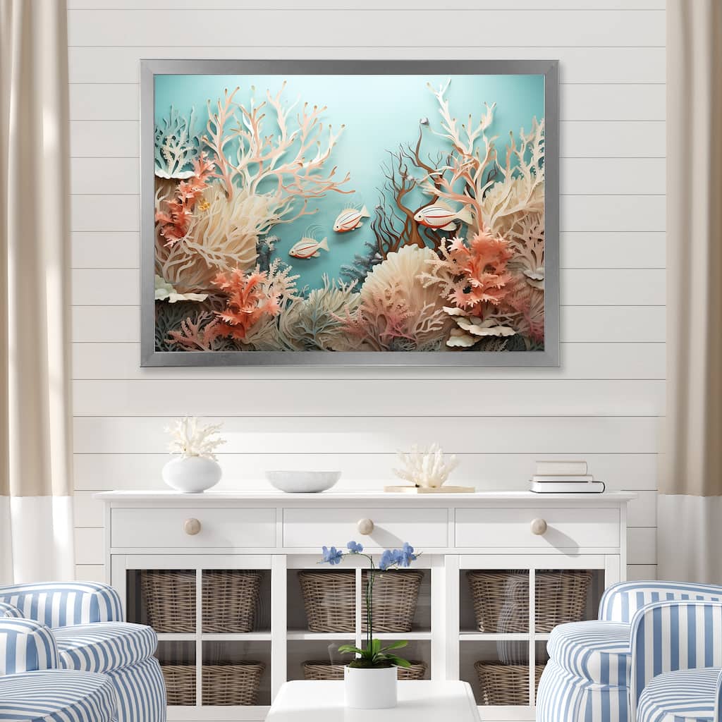 Designart "Watercolor Fish Dance Collage " Coastal Coral Under Water Framed Wall Art Prints