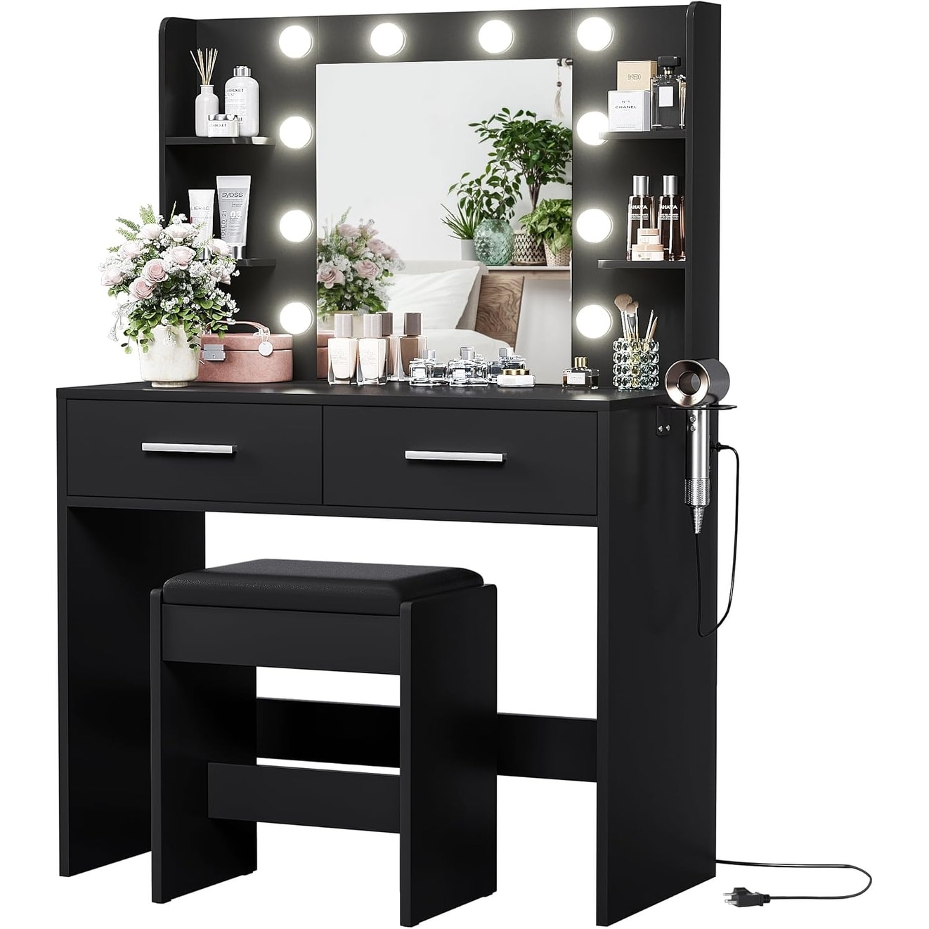 Vanity Desk with Mirror, Makeup Table with 2 Drawers, Power Outlet, Adjustable LED Light, Includes Stool, Black