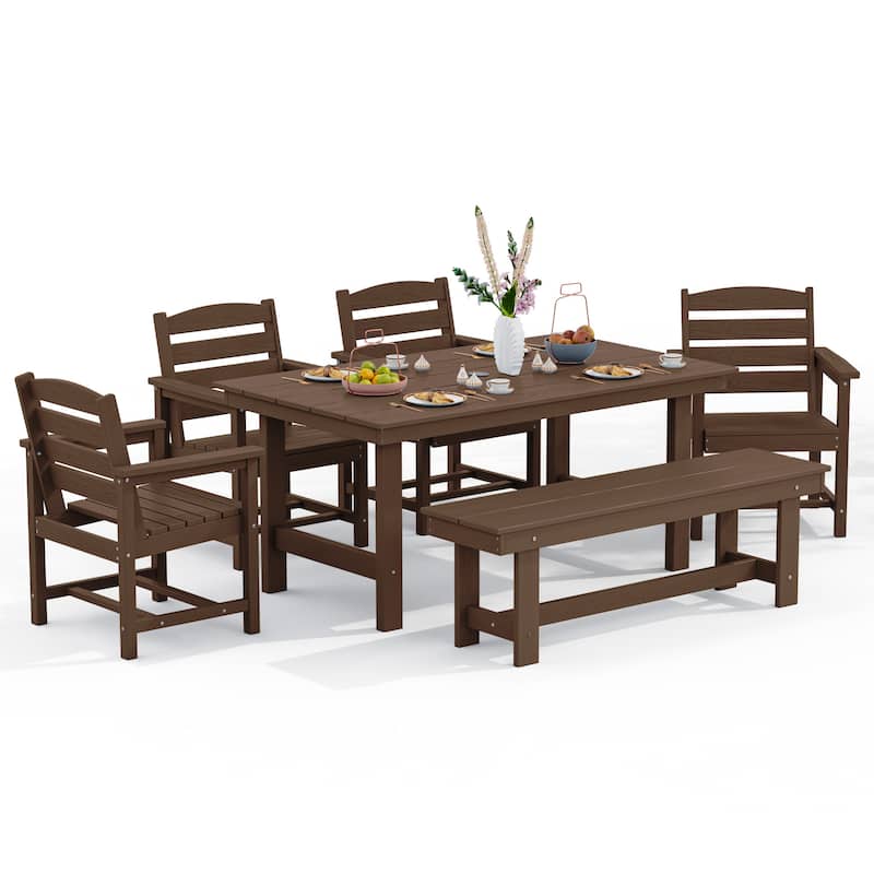 6-Piece HDPE Outdoor Dining Table Sets with Umbrella Hole - 1-Table 4-Chairs-1-Bench - Brown