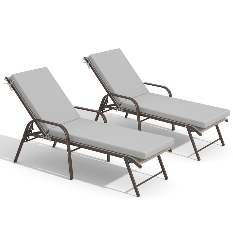 Outdoor Lounge Chairs Chaise Lounge Set with Adjustable Back and Cushions - Beige Fabric Chair with Light Grey Cushion