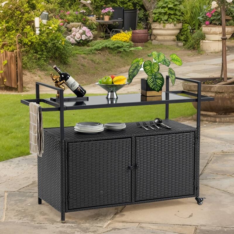 Large Portable Outdoor Wicker Bar Cart, Wheels, Glass Tabletop - 51.18'' W x 19.69'' D x 35.43'' H