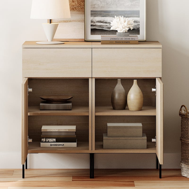63" Wooden Reeded Sideboard With Built-In Charging Station, 3-In-1 Modern Credenza