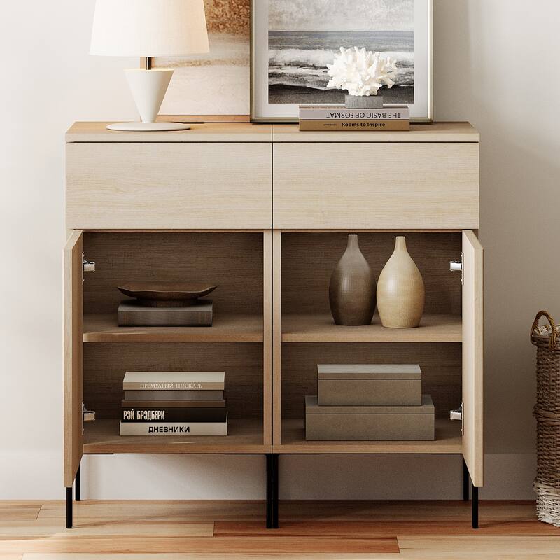 94.5" Modern Reeded 4-Door Sideboard With Charging, 4-In-1 Wooden Credenza Storage Cabinet