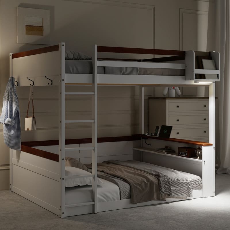 Queen Size Wooden Bunk Bed with Built-in Shelves,Storage Box,LED Light and USB Charging Station