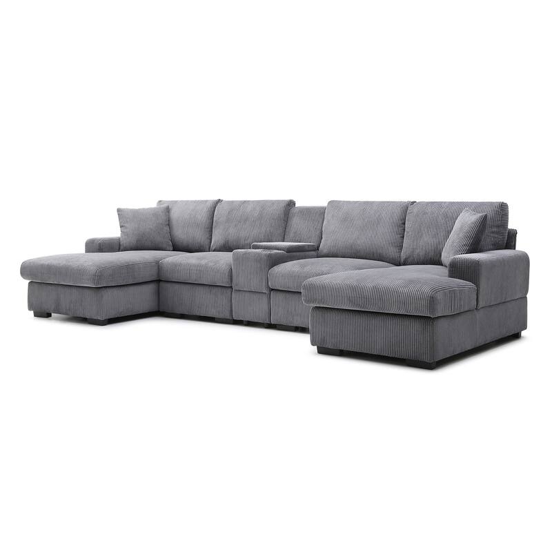 Comfy Corduroy Cloud U-shaped Sectional Sofa with Double Chiase Lounge, Built-in Storage Console and Cup Holders for Living Room