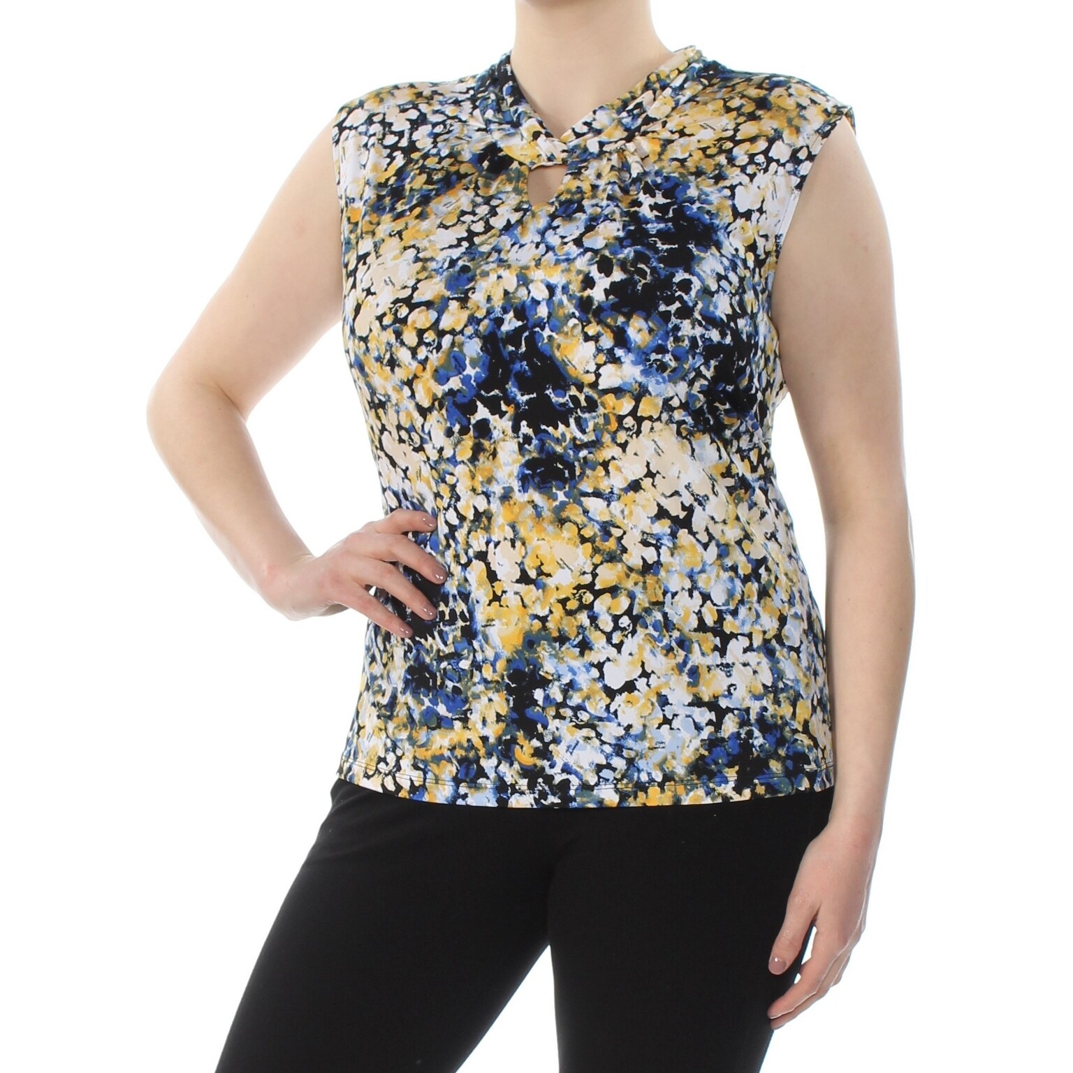 Shop Tahari Womens Blue Printed Cap Sleeve Keyhole Tunic Top Plus