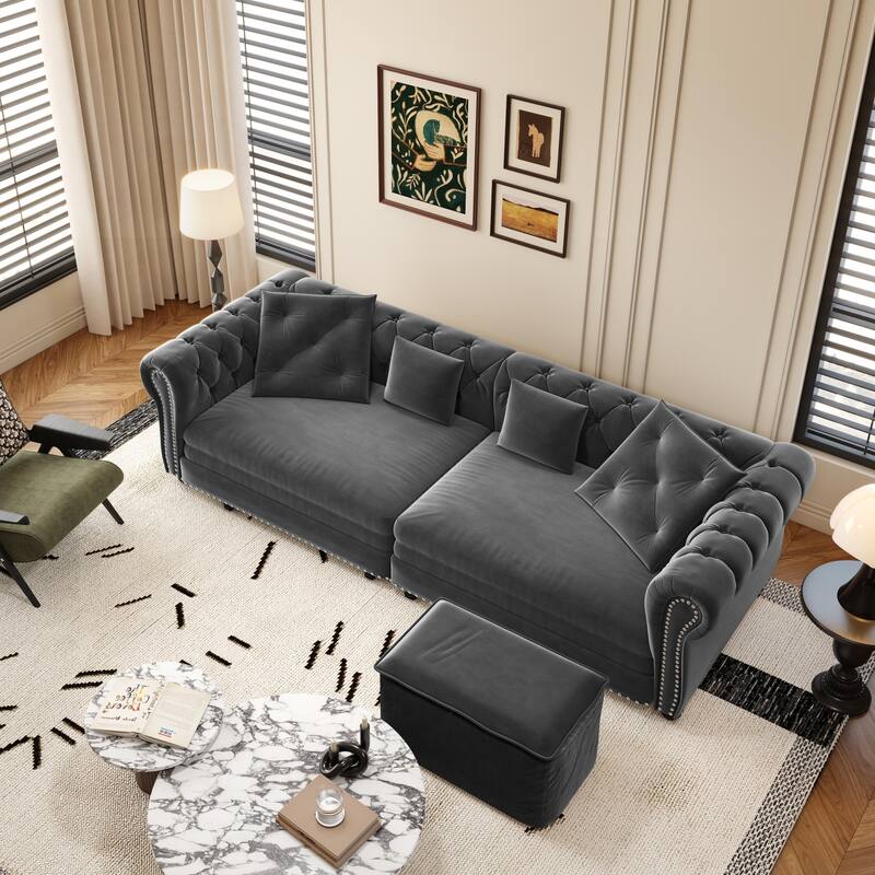 3-in-1 Pull-Out Sofa Bed, Convertible Sleeper Sofa, Chaise Lounge Sofa, Velvet 3-Seater Sofa with Movable Ottoman