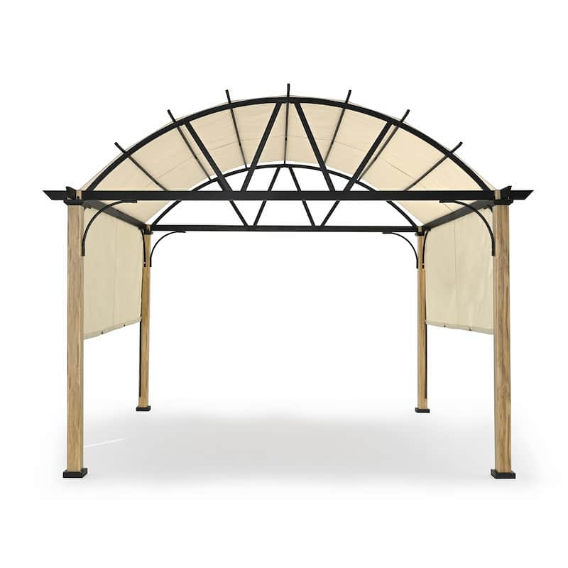 12 ft. x 12 ft. Wood Grain Aluminum Outdoor Pergola with Arched Canopy and Beige Retractable Shade