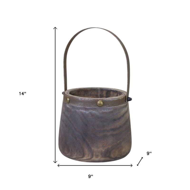 HomeRoots Set of Two Brown Wood And Steel Bucket Pot Planters - 9.00 in. x 14.00 in. x 9.00 in.