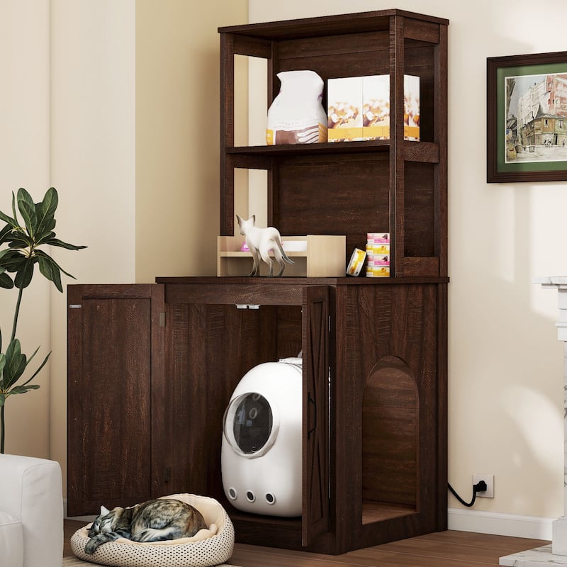 Hidden Cat Litter Box Enclosure Furniture Tall Storage Cabinet with Charging Station