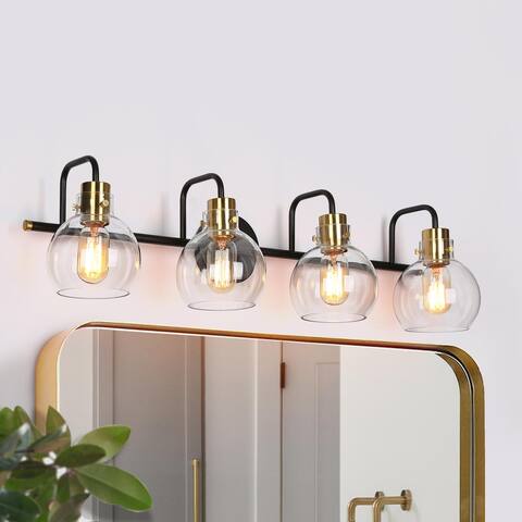 Modern Black Gold 4-Light Linear Bathroom Vanity Lights Globe Glass Wall Sconces - 32" L x 8" W x 8.5" H