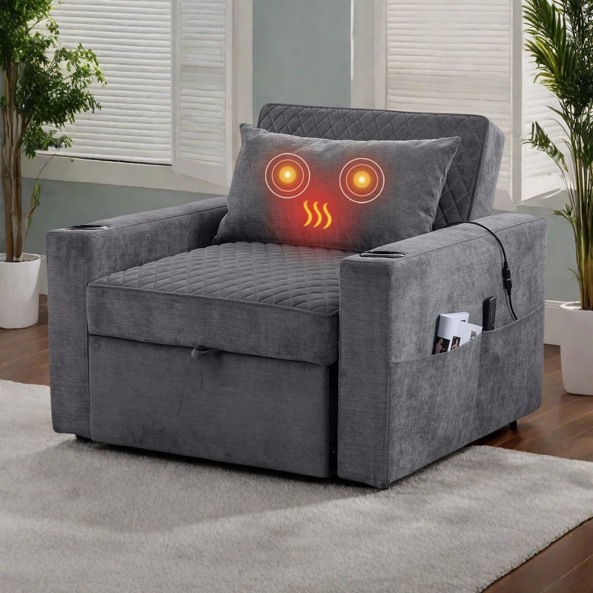 A dark gray upholstery armchair with quilted cushion back, side pocket containing magazines, and a heating icon on the pillow indicating warmth.