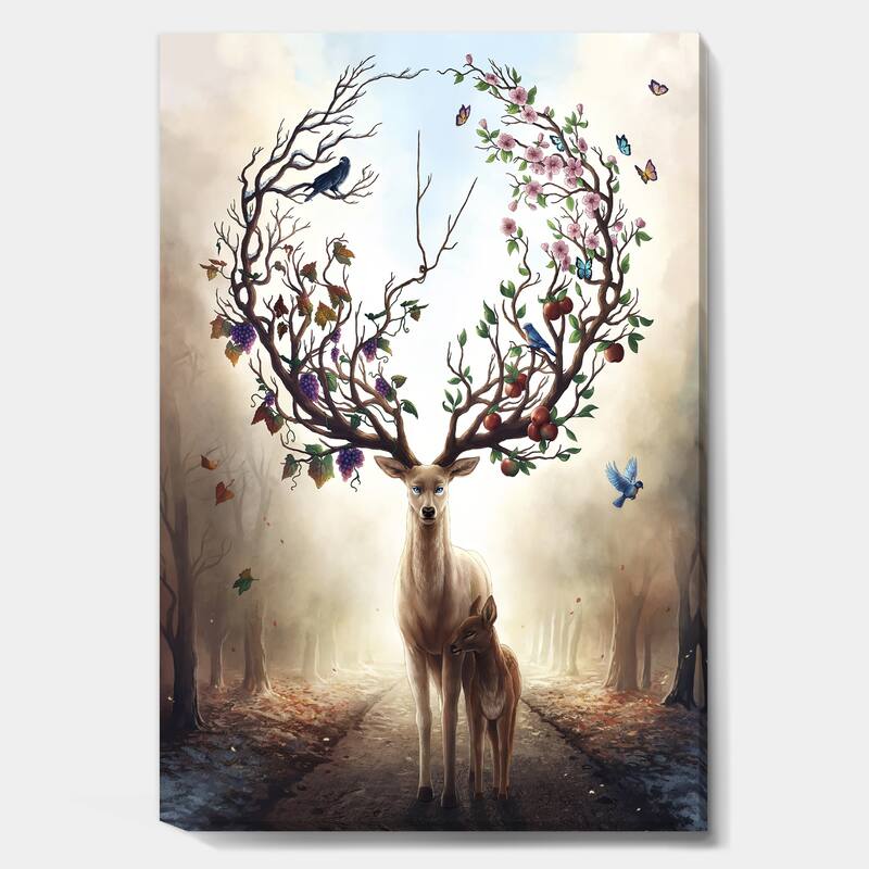 Designart "Deer With Blossoming Antlers" Cottage Canvas Wall Art