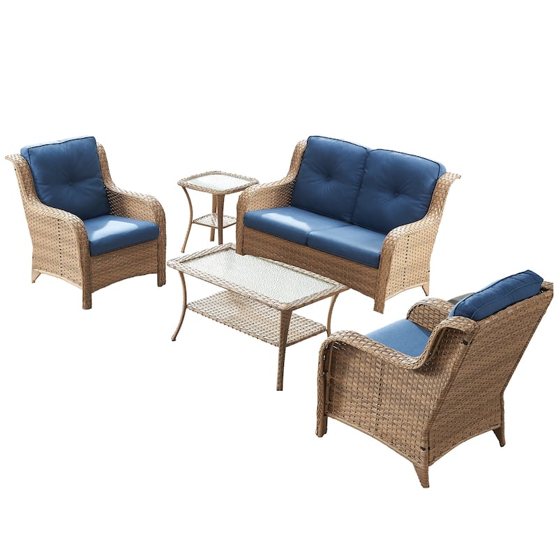 Pocassy 5 Pieces Outdoor Patio 2-Seat Sofa Chairs with Coffee Table