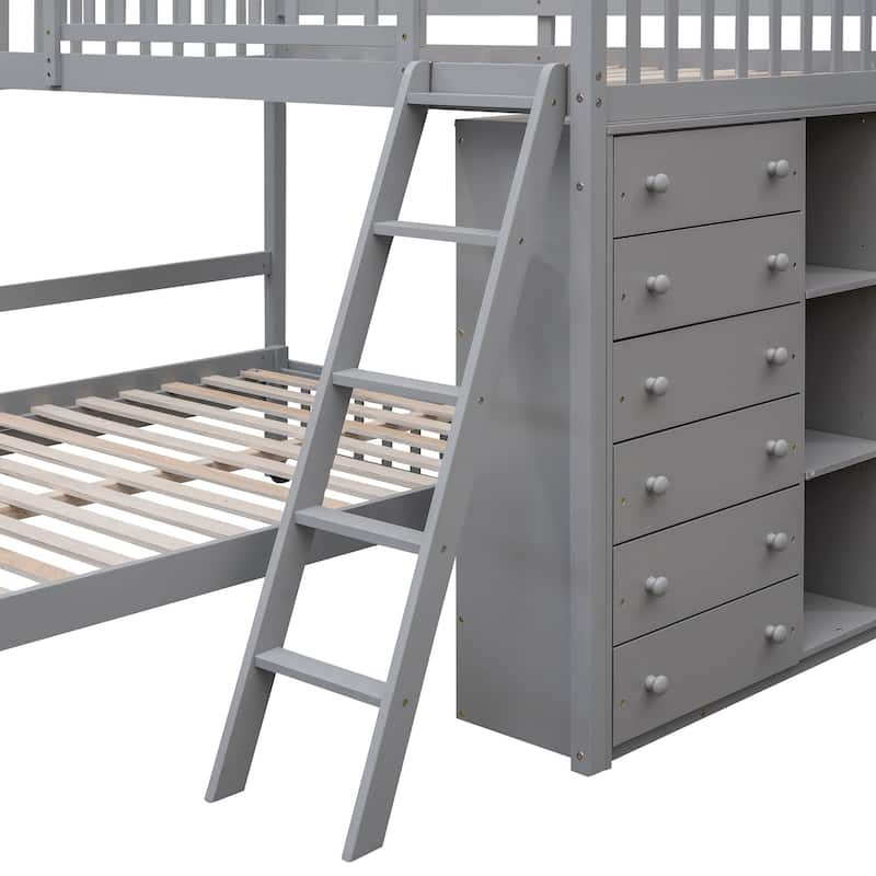 Twin Over Full Bunk Bed with Drawers, Shelves, and Wheels, Gray Finish