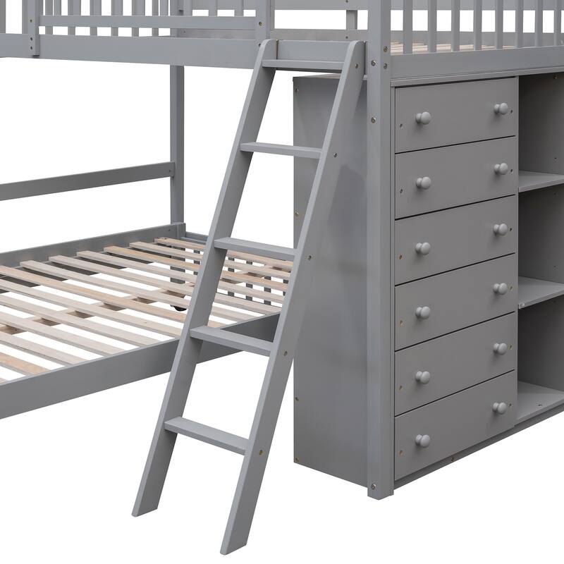 Twin Over Full Wood Bunk Bed with Six Drawers and Shelves