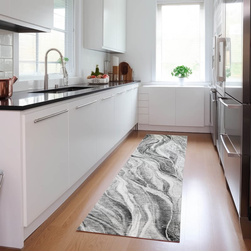 Machine Washable Indoor/ Outdoor Chantille Moden Waves Rug - Gray - 2'3" x 7'6"