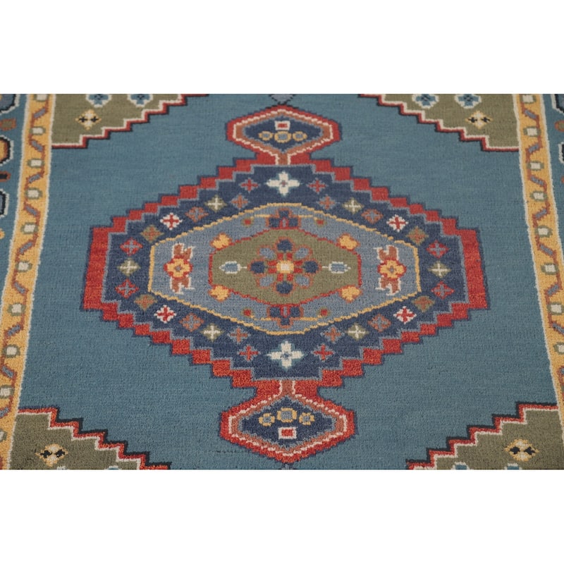 Blue Geometric Kazak Accent Rug Handmade Oriental Wool Carpet - 3'11"x 6'0"